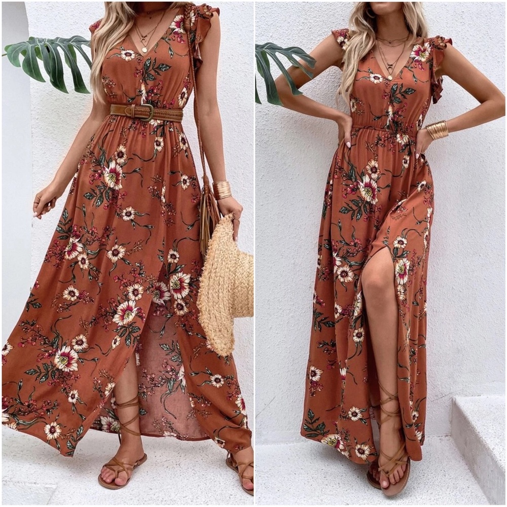 Boho Floral Print Butterly Sleeve Maxi Dress - Picture 3 of 7